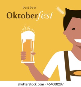 Happy young man with a glass of beer. Oktoberfest poster. Vector illustration flat design
