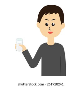A happy young man with a glass of milk in his hand, vector illustration