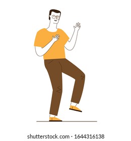 Happy young man in glasses enjoying party. Cartoon male character dancing and having fun flat vector illustration. Entertainment, office party concept for banner, website design or landing web page
