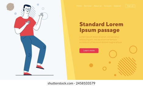 Happy young man in glasses enjoying party. Cartoon male character dancing and having fun flat vector illustration. Entertainment, office party concept for banner, website design or landing web page