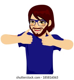 Happy young man with glasses making thumbs up sign with both hands