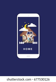 Happy young man go to bed. Vector illustration design. For mobile app banner. Paper art style. 