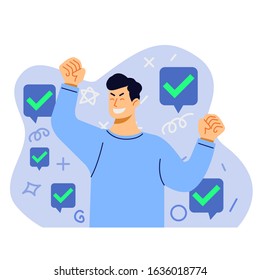 Happy young man got acceptance vector flat illustration.