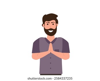 happy young man greeting namaste with smile vector, illustration.