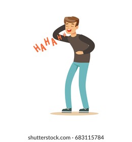 Happy young man in a grey pullover laughing out loud colorful character vector Illustration