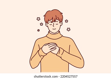 Happy Young Man With Hands On Chest Feel Positive And Optimistic. Smiling Guy Enjoy Good Mental Health And Recovery. Vector Illustration. 