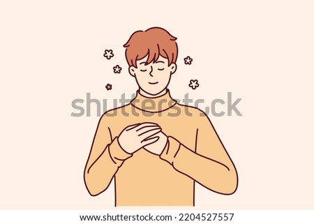 Happy young man with hands on chest feel positive and optimistic. Smiling guy enjoy good mental health and recovery. Vector illustration. 