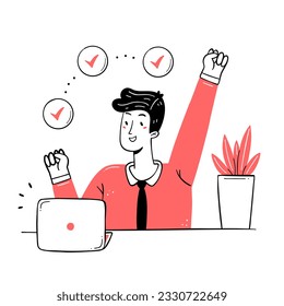 A happy young man has completed the work. The man completed all the work tasks. A working man. Vector hand drawn illustration in doodle style