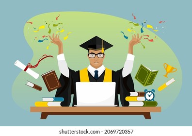 A happy young man in a hat and graduation gown with raised hands is sitting by a laptop screen at a table. Remote virtual graduation during quarantine. Vector illustration. Graduation online.