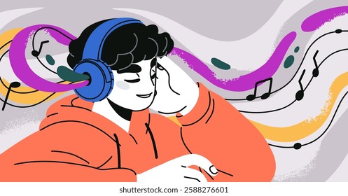 Happy young man in headphones listening and enjoying music. Inspired person with favorite melody, track, audio playlist, song in head phones with sound waves and notes. Flat vector illustration