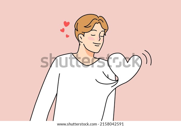 Happy young man with\
heart beating in his chest feel in love. Smiling guy feeling\
affection being flirty and seductive. Relationships concept. Flat\
vector illustration. 