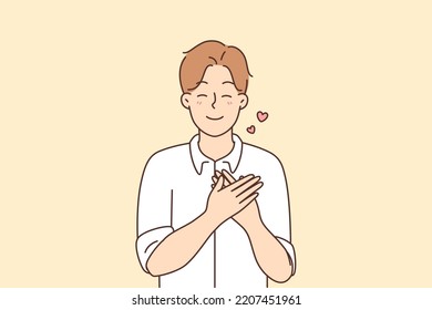 Happy young man hold hands at chest show love and gratitude. Smiling guy demonstrate care and affection feel grateful and thankful. Vector illustration. 