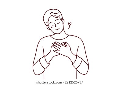 Happy young man hold hands on chest feeling grateful and thankful. Smiling guy show appreciation and gratitude. Vector illustration. 