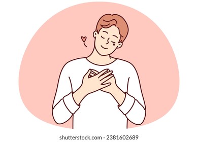 Happy young man hold hands on chest feeling grateful and thankful. Smiling guy show appreciation and gratitude. Vector illustration.