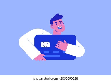Happy young man holding big bank credit card. Friendly boy character in flat cartoon style. Modern graphic for business or debit purchase concept.