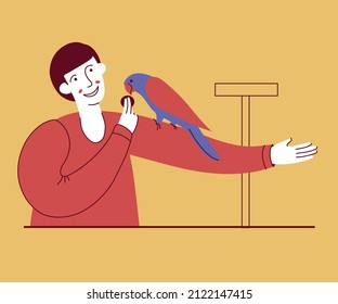 Happy young man holding big parrot companion in hand. Man take care, feed and play with his pet vector illustration