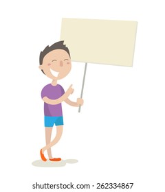 Happy young man holding a blank sign board, vector illustration, flat style