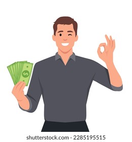 Happy young man holding cash or money or banknotes and gesture okay sign. Financial money concept. Flat vector illustration isolated on white background