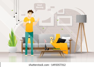 Happy young man holding a cup of coffee and saying good morning to his cat in living room , vector , illustration