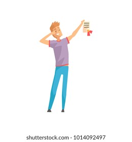 Happy young man holding diploma with red ribbon. Successful or lucky guy. Cartoon male character in casual outfit t-shirt and jeans. Flat vector illustration