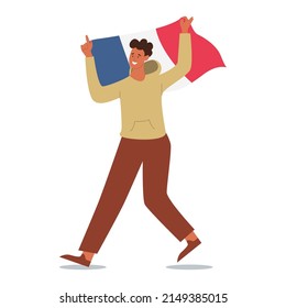 Joven feliz con la bandera de Francia. Celebra el éxito y la victoria. Hincha de fútbol. Ilustración al estilo de las caricaturas.