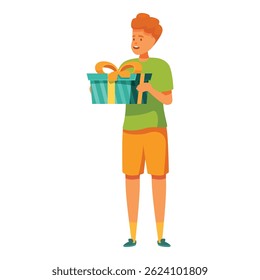 Happy young man holding a gift box, receiving presents on birthday or holiday celebration