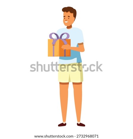 Happy young man holding a gift box with purple ribbon, celebrating a special occasion