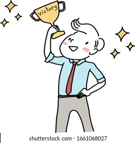 Happy young man holding a golden trophy cup. Achievement concept with portrait of businessman smiling and holding a victory trophy cup. Man with one arm akimbo lifting a trophy cup over his head.