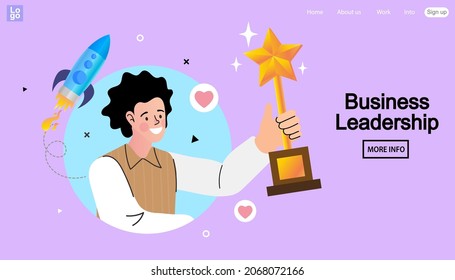 Happy young man holding a golden trophy cup. businessman smiling and holding a victory trophy cup. Business winner concept. Success and achievement. Online course education. Vector graphics. 