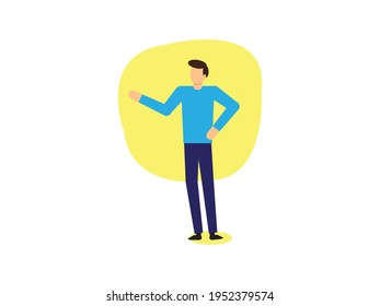 Happy young man holding hand as if explaining or presenting something (e.g product).