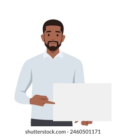 Happy young man holding, showing, displaying white blank board. Flat vector illustration isolated on white background