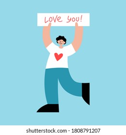 Happy young man holding signboard in hands on blue background. Minimalist flat vector illustration. Hand-drawn postcard with Love you lettering phrase. 