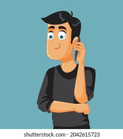 Happy Young Man Holding Smartphone Vector Cartoon. Guy speaking on the phone communicating in a long-distance friendship 
