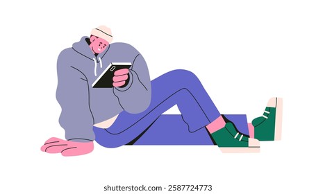 Happy young man holding smartphone and reading. Smiling male character using mobile phone, cellphone in hand, looking social media online. Flat vector illustration isolated on white background