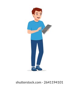 Happy young man holding and touching digital tablet with blue shirt and pants