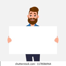 Happy young man holding/showing/displaying white blank board/banner/poster. Concept illustration in vector cartoon style.