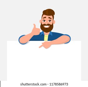 Happy young man holding/showing/displaying white blank board/banner/poster and pointing index finger towards that while thumbs up/like or deal sign. Concept illustration in vector cartoon style.