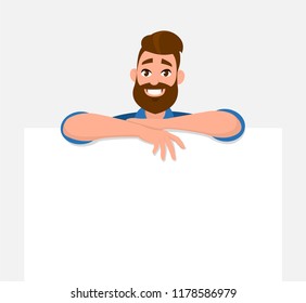 Happy young man holding/showing/displaying white blank board/banner/poster. Concept illustration in vector cartoon style.