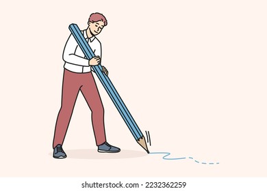 Happy young man with huge pencil drawing or taking notes. Smiling male writing or painting. Writer or journalist occupation. Vector illustration. 