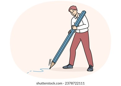 Happy young man with huge pencil drawing or taking notes. Smiling male writing or painting. Writer or journalist occupation. Vector illustration.