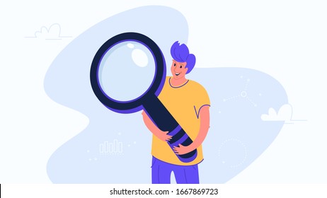 Happy young man hugging big heavy magnifier. Flat modern concept vector illustration of online search, web seo and data analysis. Casual design on white background