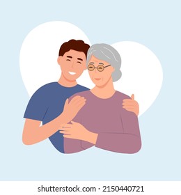 Happy Young man hugging her old mother with love. Mother and іщт. Mothers day .Portrait of young man hugging her grandma. Friendly family relationship. vector flat illustration 