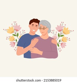 Happy Young man hugging her old mother with love. Mother and son. Mothers day .Portrait of young woman hugging her grandma. Friendly family relationship. vector flat illustration 