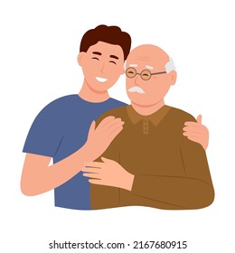 Happy Young man hugging her old father with love. Father and son. Father's day .Portrait of young man hugging her grandpa. Friendly family relationship. vector flat illustration 