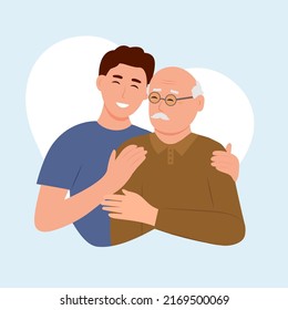 Happy Young man hugging her old father with love. Father and son. Father's day .Portrait of young man hugging her grandpa. Friendly family relationship. vector flat illustration 