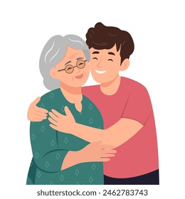 Happy young man hugging her old mother with love. Mother and grown up son.  Friendly family relationship. Vector flat illustration