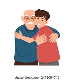 Happy young man hugging her old father with love. Mother and grown up son. Friendly family relationship. Vector flat illustration