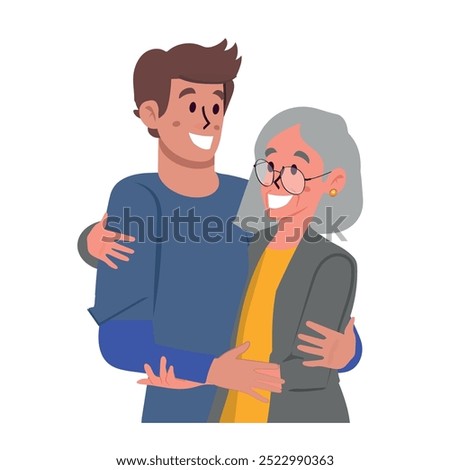 Happy Young man hugging her old mother with love. Mother and son. Mothers day .Portrait of young man hugging her grandma. Friendly family relationship. vector flat illustration.