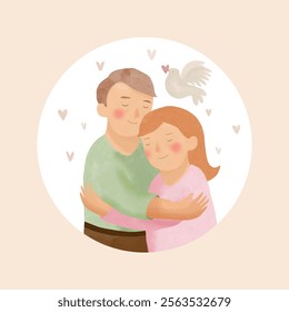 Happy Young Man Hugging His Beloved Girlfriend. Romantic Vector Illustration of Lovely Couple and Flying Dove Holding Heart. Cute Couple in Love, Placed in a Round Frame On a Beige Background. RGB.