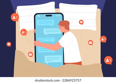 Happy young man hugging phone at night vector illustration. Cartoon asleep person lying in bed to sleep with big smartphone, bad lifestyle habit and internet addiction problem of male character